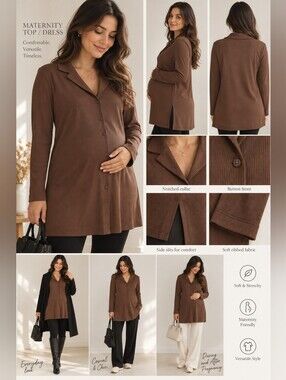 Relaxed Ribbed Button-Front Long Brown Top Dress Loungewear Size 42